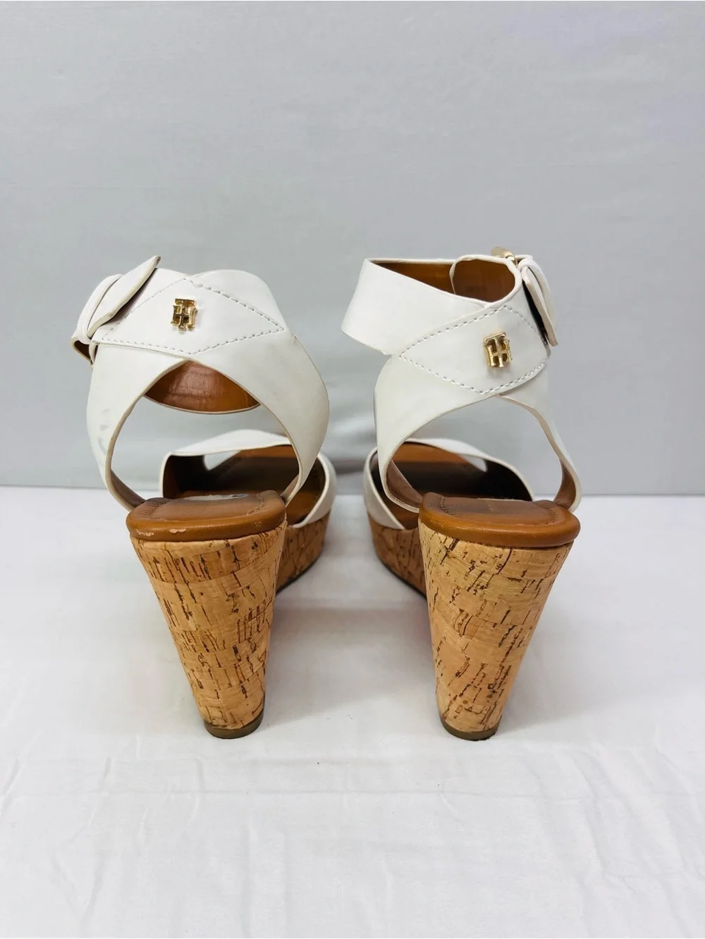 Tommy Hilfiger White Ankle-Strap Cork Wedge Sandals